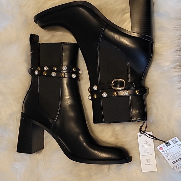 🖤🔥ZARA PEARL BLOCK HEEL ANKLE BOOTS🖤🔥 - Picture 11 of 13